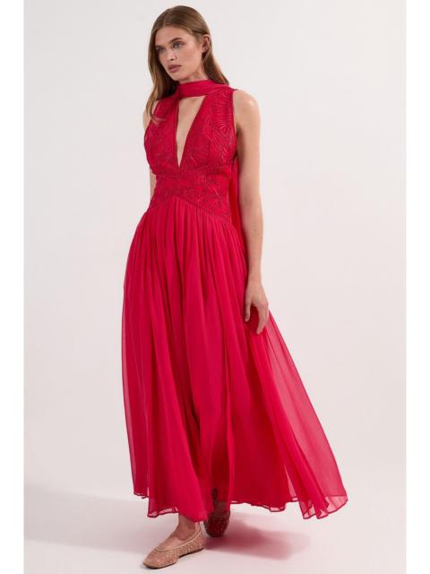 KAREN MILLEN Embroidered Applique Crinkle Deep V Woven Midi Prom Dress