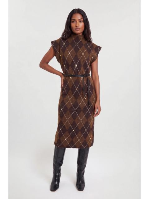 KAREN MILLEN Studded Argyle Wool Blend Cosy Knit Belted Midi Dress