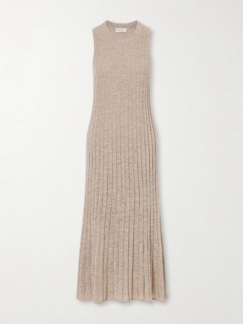 Brunello Cucinelli Metallic Ribbed-knit Midi Dress