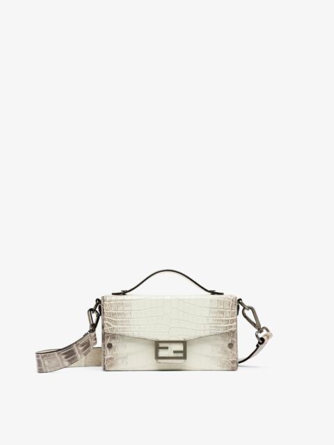 FENDI Small Baguette Soft Trunk made of exquisite crocodile leather in white with dark gray nuances. Flap 