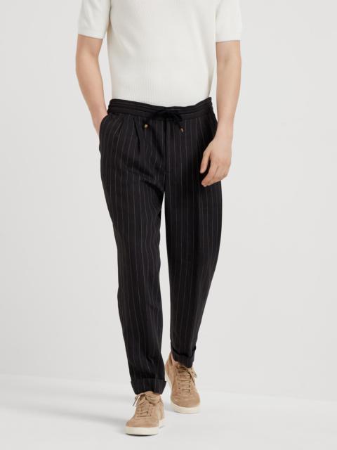 Brunello Cucinelli Linen chalk stripe leisure fit trousers with drawstring and double pleats