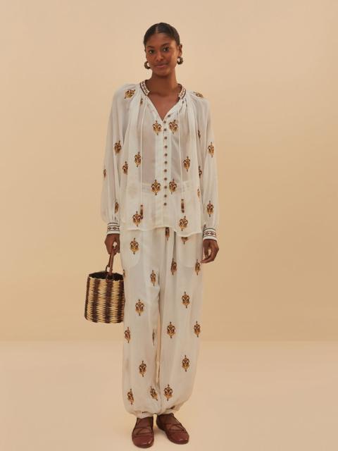 FARM RIO Off-White Anchor Tapestry Embroidered Long Sleeve Blouse