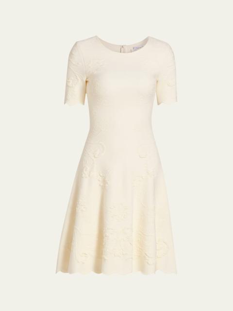 Oscar de la Renta Floral Jacquard Knit Short-Sleeve Mini Dress