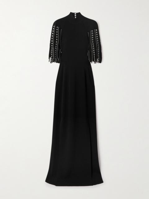 Lanvin Fringed Cape-effect Studded Knitted Turtleneck Gown