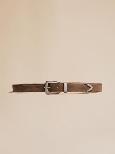KHAITE The Benny Belt in Toffee Suede with Antique Silver