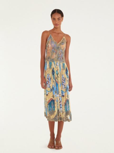 FARM RIO Sand Mystical Sleeveless Pleated Midi Dress