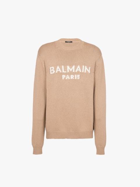 Balmain Sand-colored merino wool sweater with white Balmain Paris logo