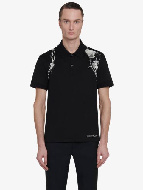 Alexander McQueen Men's Pressed Flower Harness Polo Shirt in Black