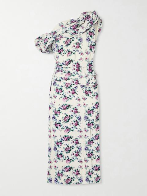 TORY BURCH One-shoulder Ruched Ruffled Floral-print Cotton-velvet Midi Dress