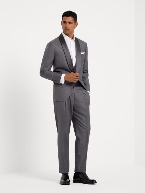 Lightweight virgin wool and silk twill tuxedo with shawl lapel jacket and pleated trousers