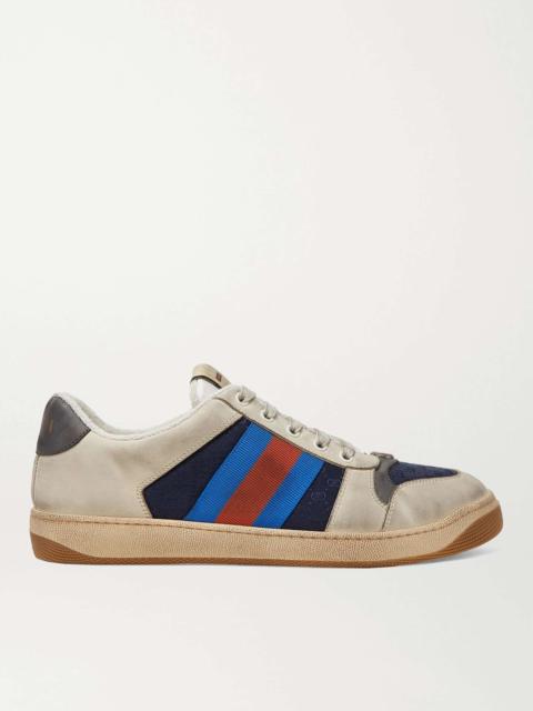 GUCCI Screener Webbing-Trimmed Leather, Suede and Canvas Sneakers