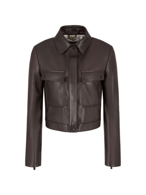 spread-collar zip-up leather jacket