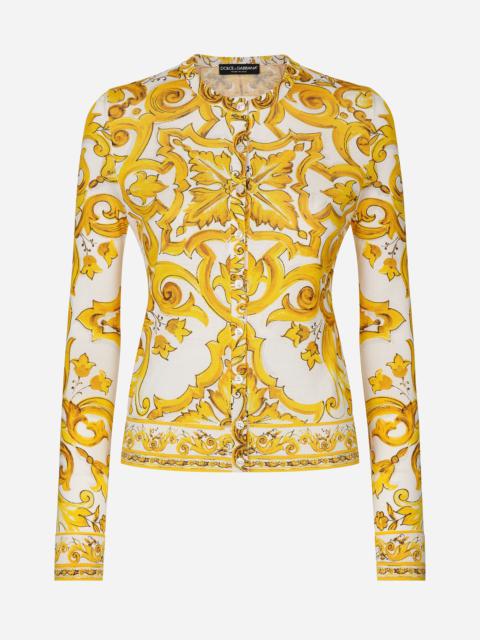 Long-sleeved silk cardigan with majolica print