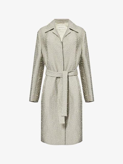 Faux-pearl embellished metallic belted woven coat