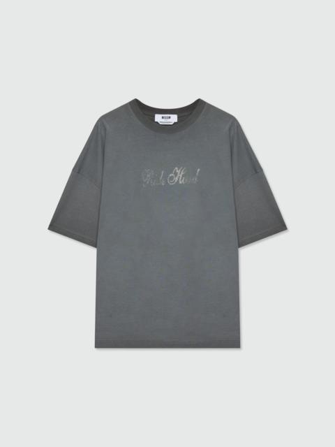 MSGM Anthracite grey short-sleeve cotton jersey T-shirt with rhinestone lettering on the front