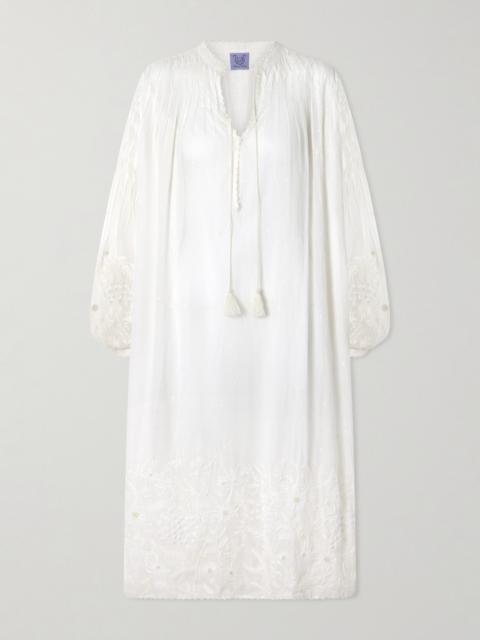 Thierry Colson Guise Tasseled Pleated Embroidered Cotton-voile Midi Dress