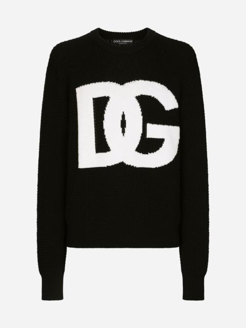 Dolce & Gabbana Round-neck wool sweater with DG logo inlay