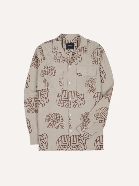 Drake's White Elephant Block Print Linen Camp Collar Long Sleeve Shirt