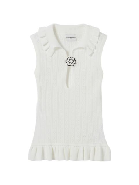 Claudie Pierlot ruffled pointelle-knit polo top