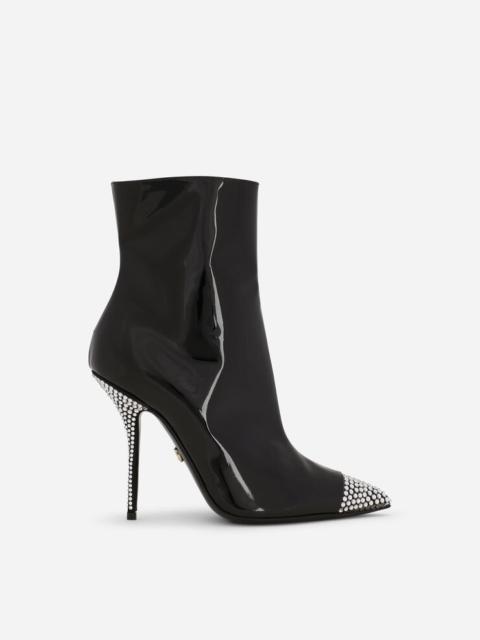 Patent leather ankle boots with fusible rhinestones