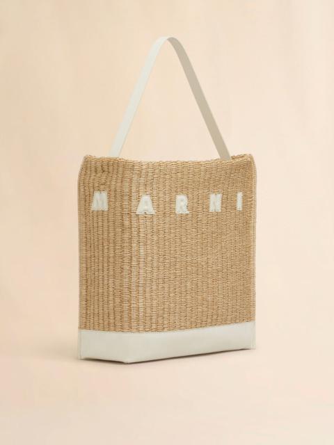 Marni MEDIUM NATURAL WOVEN FABRIC MUSEO HOBO BAG WITH LEATHER PATCHES