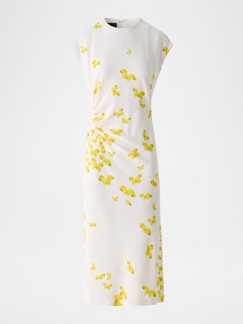 AKRIS Exclusive Butterfly-Print Viscose Crepon Ruched Midi Dress With Scarf