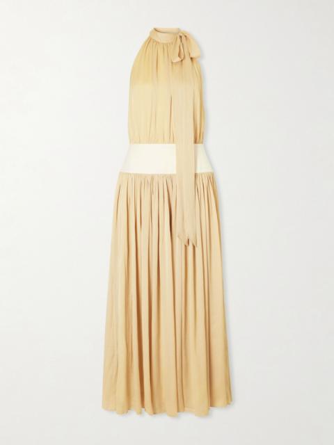 ABADIA Knotted halterneck satin-trimmed crepon midi dress Yellow