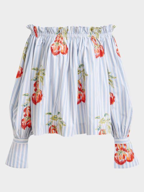 ESSENTIEL ANTWERP Ihandstand Embroidered Striped Off-Shoulder Blouse