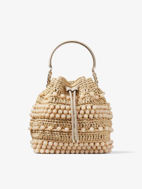 JIMMY CHOO Bon Bon Bucket
Natural Beaded Raffia and Smooth Leather Bucket Bag