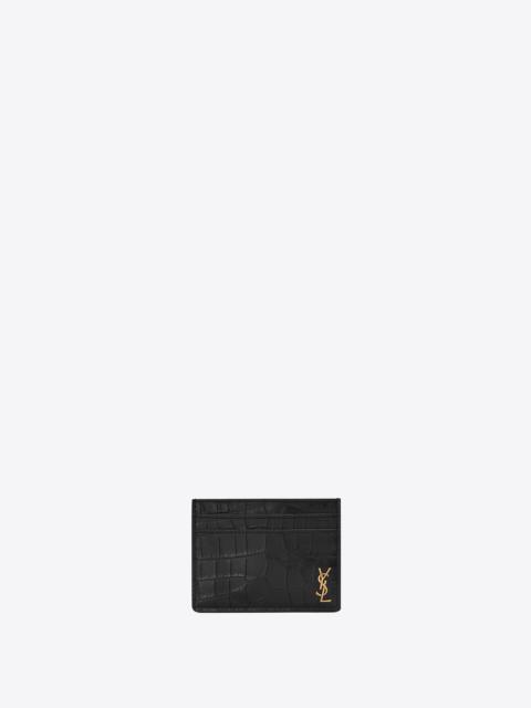 SAINT LAURENT tiny cassandre card case in crocodile embossed matte leather