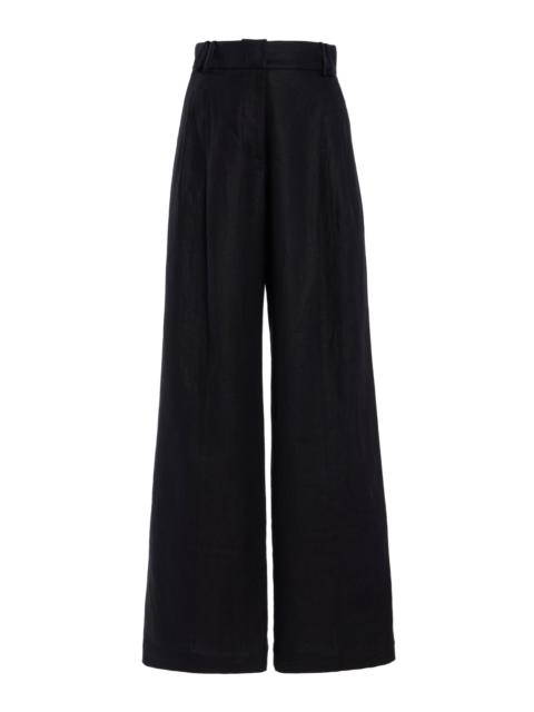 Another Tomorrow Pleated Linen Wide-Leg Pants black