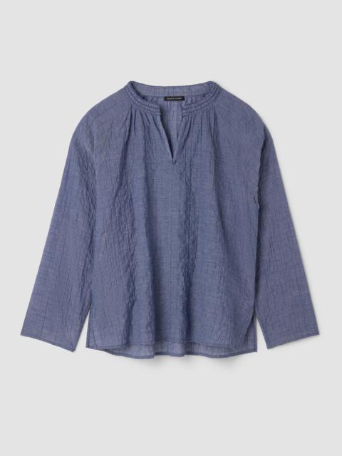 EILEEN FISHER Organic Cotton Microstripe Pucker Split Collar Top