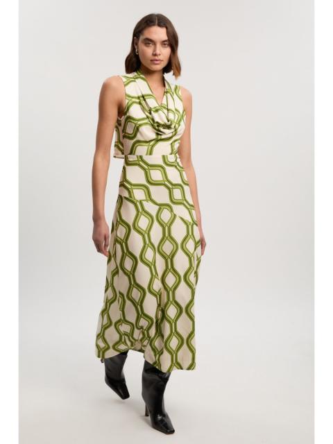 KAREN MILLEN Geo Print Cowl Neck Sleeveless Crepe Woven Maxi Dress