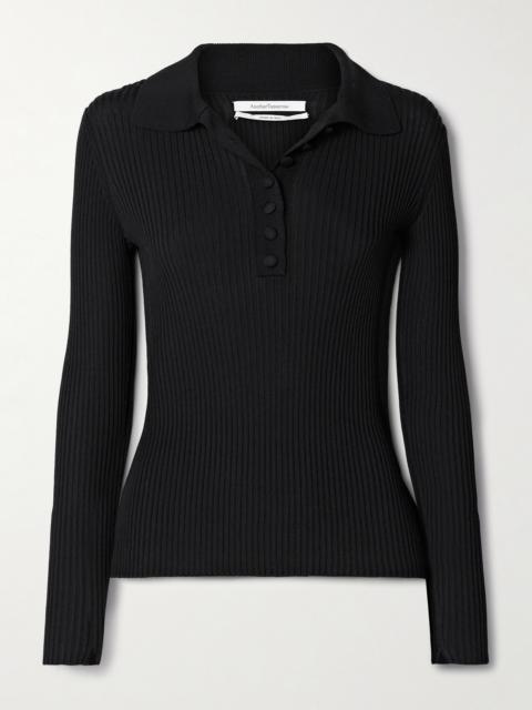 Another Tomorrow Ribbed-knit Polo Sweater