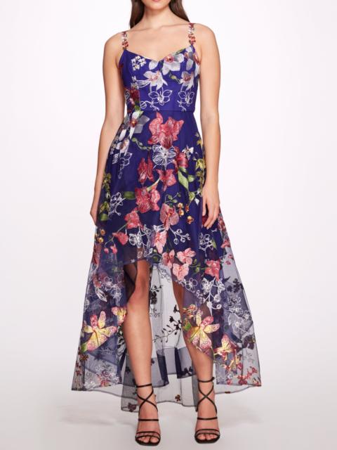 Marchesa HI-LO GOWN WITH FLORAL TRIMS