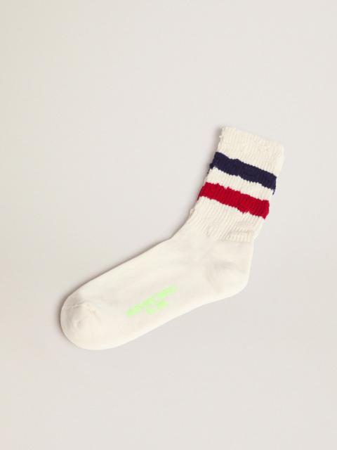 Golden Goose Vintage white socks with distressed details and two-tone stripes