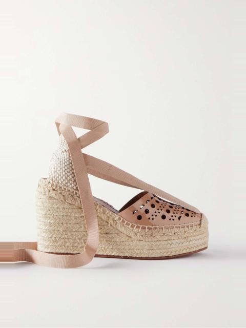 Laser-cut leather and canvas wedge espadrilles