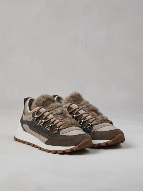 Suede runners with shearling insert and precious stripe detail