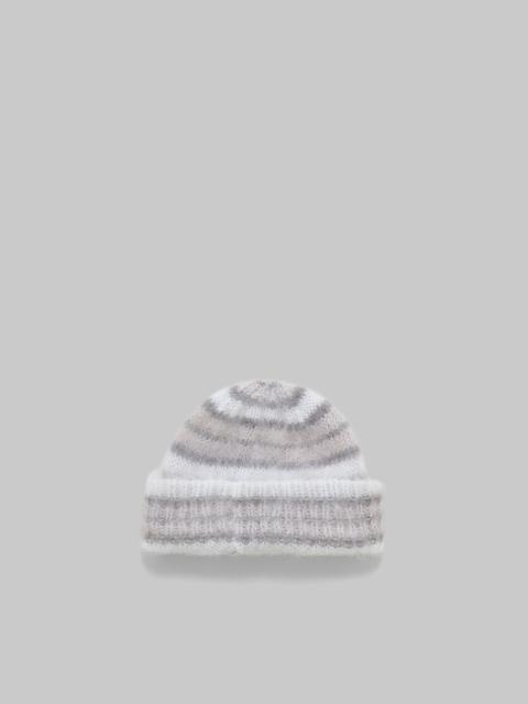 WHITE BRUSHED MOHAIR BEANIE WITH STRIPES