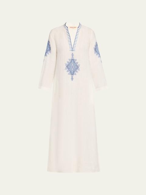 EMPORIO SIRENUSE Jenna Astragal Embroidered Linen Midi Dress