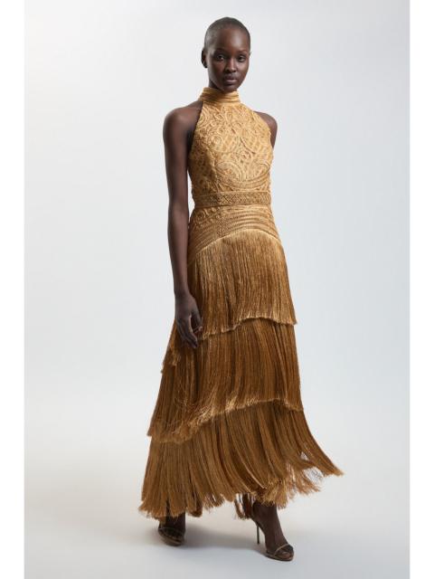 KAREN MILLEN Fringed Beaded Halter Neck Woven Maxi Dress