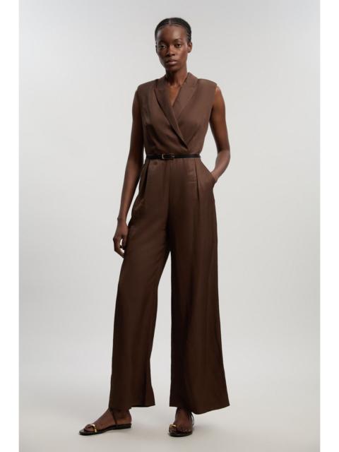 KAREN MILLEN Premium Viscose Linen Tailored Belted Wide Leg Jumpsuit