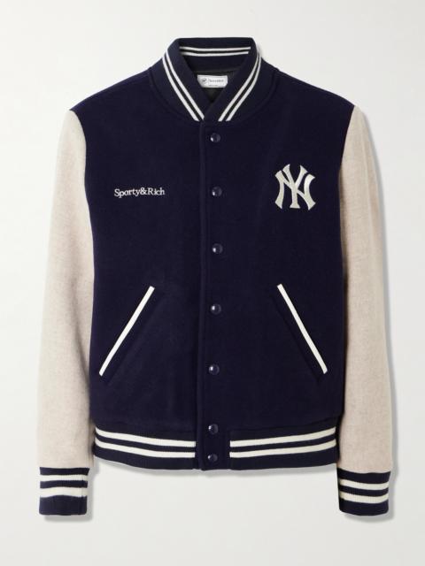 Sporty & Rich + '47 And New York Yankees Leather-trimmed Embroidered Wool-felt Bomber Jacket