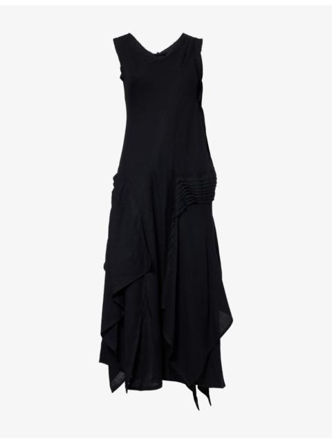 Yohji Yamamoto Asymmetric Pleated Wool Midi Dress