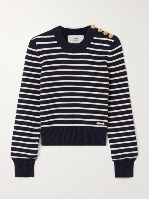 AMI Paris Logo-embroidered striped organic cotton and merino wool-blend sweater