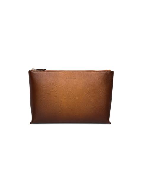 Santoni Brown saffiano leather pouch