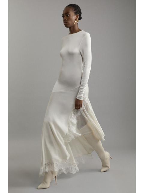 KAREN MILLEN Petite Viscose Blend Slinky Sheer Lace Detail Asymmetric Knit Maxi Dress