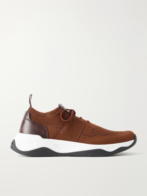 Berluti Shadow Leather-Trimmed Stretch-Knit Sneakers