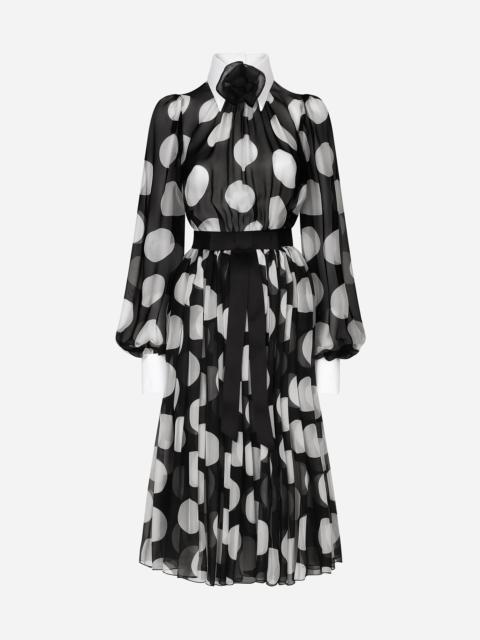 Polka-dot chiffon calf-length dress with piqué details