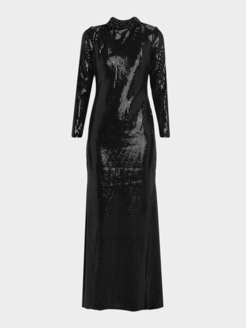 BADGLEY MISCHKA Beaded Mock-Neck Sequin Gown